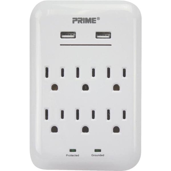 Prime-Line Prime Line PBUSB346S 125 V 6-Outlet & 3.4A 2-USB Charger with Surge Protection; White PBUSB346S - main